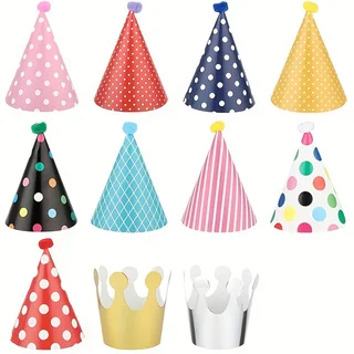 11pcs Birthday Party Hats, Pom-Pom Pointed Hats, Gold and Silver Crown Hats, Birthday Party Photo Props