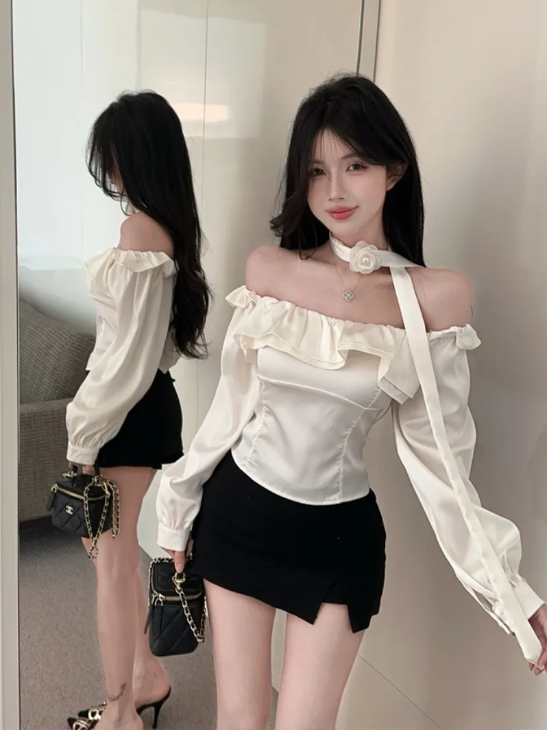 

Белая женская блузка с длинным рукавом, весенне-летняя, элегантная, с цветочным принтом, с поясом, с ароматом цветов