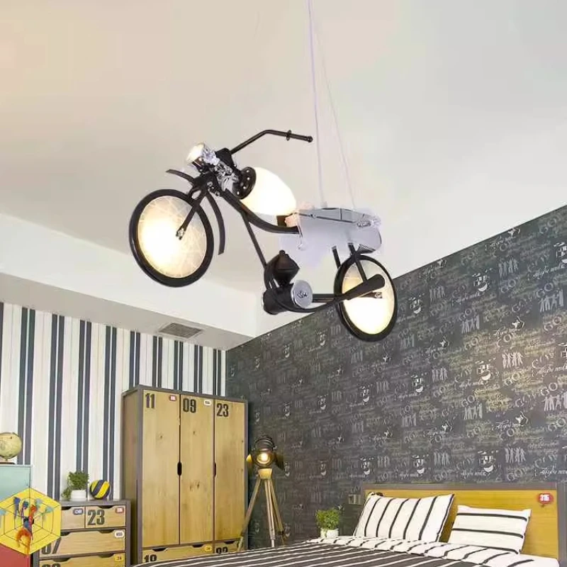 Motorcycle Shape Iron and Glass Pendant Light Industrial Style Creative and Personalized Decor Children's Bedroom LED Chandelier