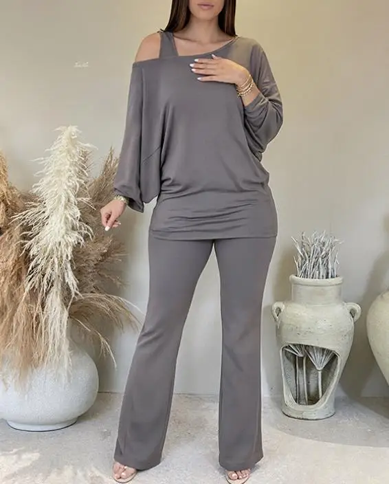 

Women's autumn and winter solid color casual slanted collar single shoulder lantern long sleeved bell bottom pants set