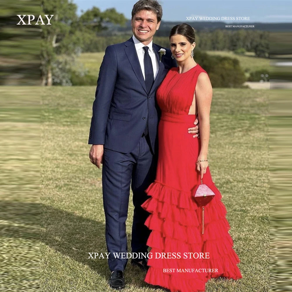 

XPAY O-Neck Red A Line Long Evening Dresses Arabic Women Tiered Layeres Chiffon Prom Celebrity Formal Party Gowns Wedding Guest