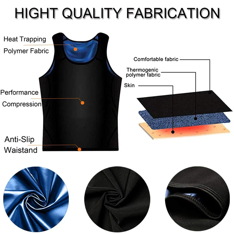 Men Sweat Sauna Vest Waist Trainer Heat Trapping Polymer Tank Top Shapewear Corset Gym Underwear Weight Loss Slim Body Shaper