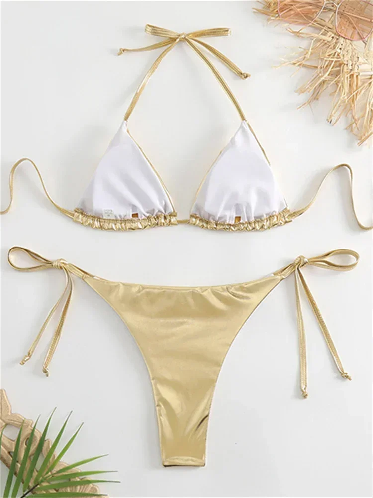 Sexy Brozing Gold Bikinis Sets Women Push Up Micro Bikini Swimsuit 2024 Brazilian Beach Bathing Suit Tie Side Triangle Swimwear