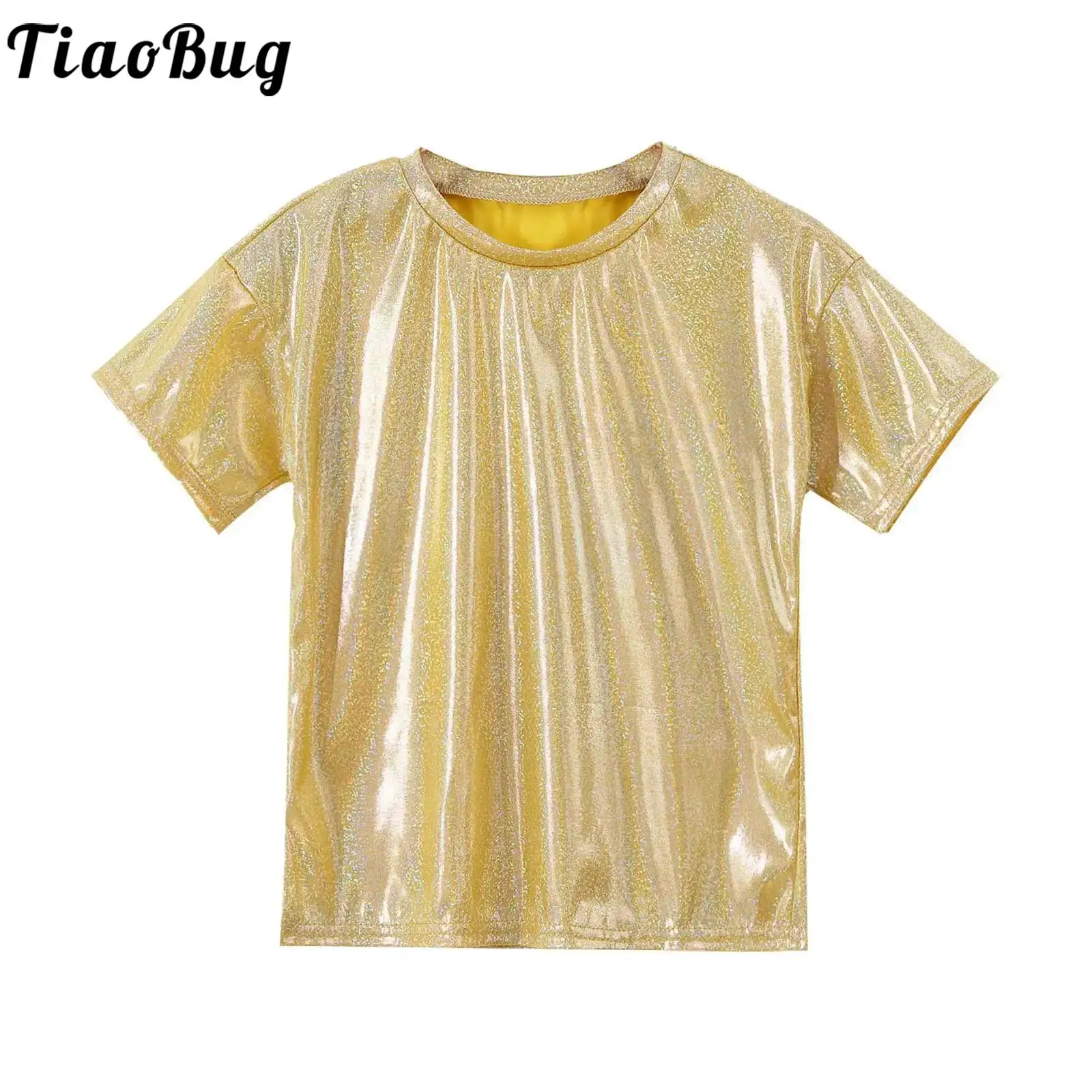 

Boys Girls Metallic Shiny Shirt T-Shirt Tops Kids Stretchy Sparkly Loose Blouse for Jazz Hip Hop Dance Performance Dancewear