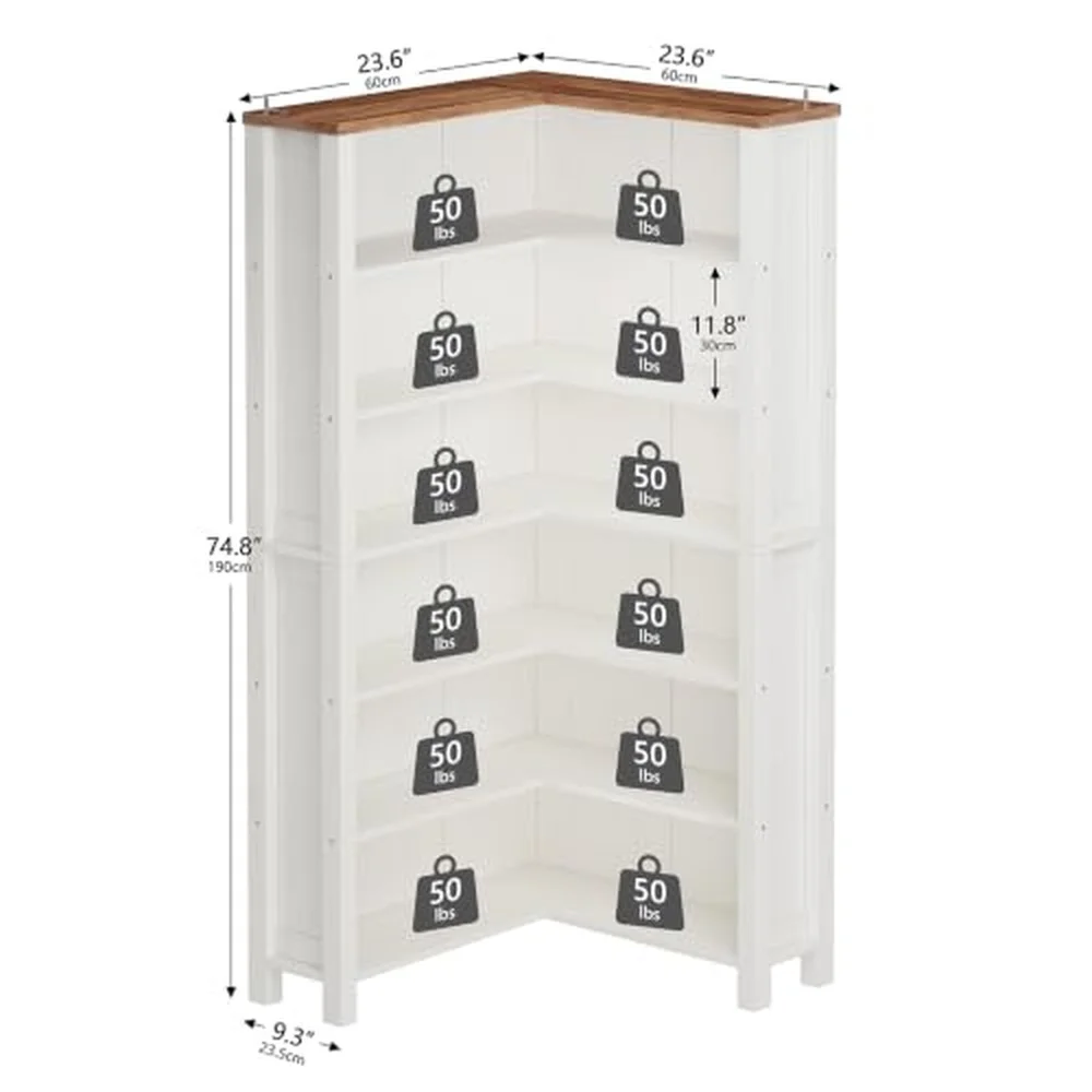 Wood Corner Book Shelf 6 Tier 75 Inch Tall Bookshelf with Storage Floor Standing Display Book Shelf for Living Room