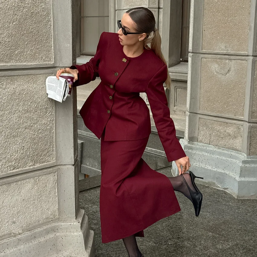 

2026 Red Round Neck Long-sleeved Waist Blazer Split Skirt Women's Two-piece Suit
