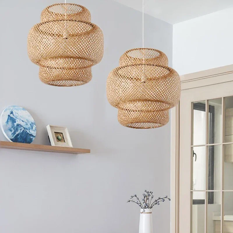 Bamboo Pendant Lamp Hand Knitted Chinese Style Weaving Hanging Lamps Dia 38/50 cm Restaurant Home Decor Lighting Fixtures