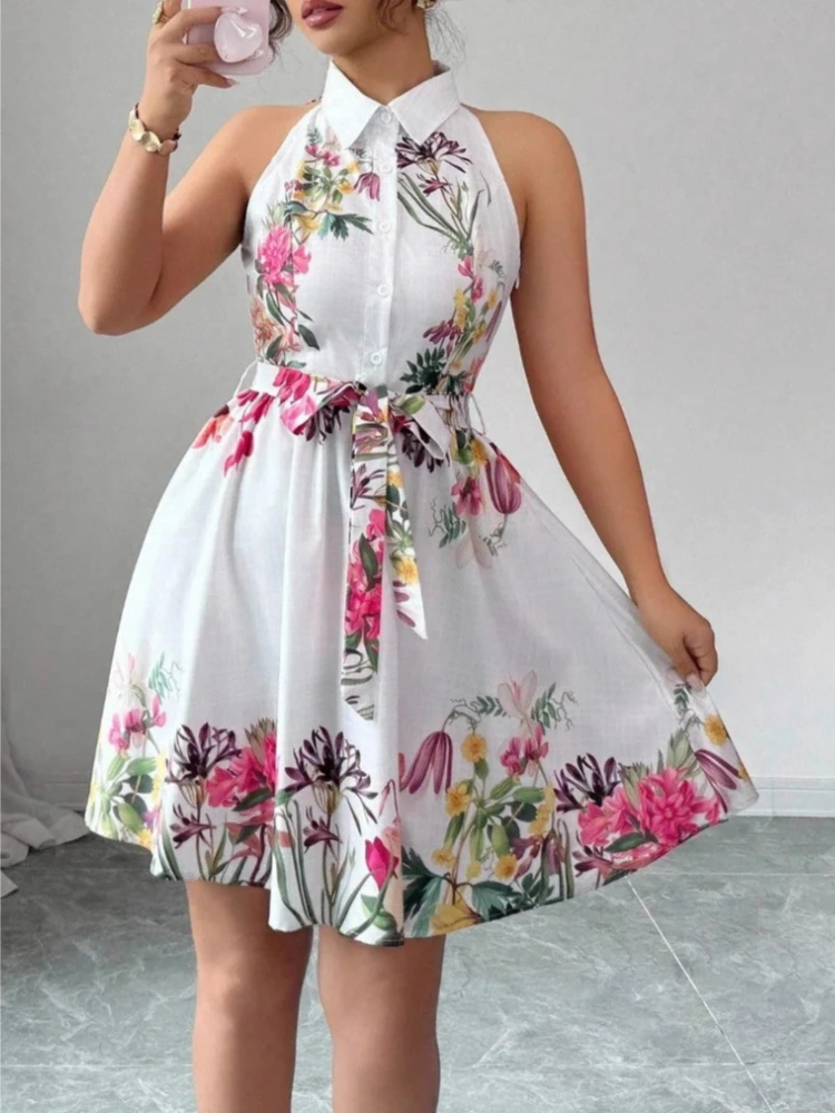 A-Linien-Kleid im Y2K-Streetwear-Stil mit Neckholder, Blumenmuster, elegantem Patchwork-Design, für Party, Nacht und Arbeit, hochtailliertes kurzes Kleid für Damen