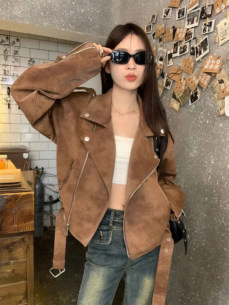 Chaqueta de ante sintético de gran tamaño para mujer, abrigo de manga larga con solapa y cremallera, prendas de vestir marrones Vintage, ropa de calle de moda para señora nueva 2025