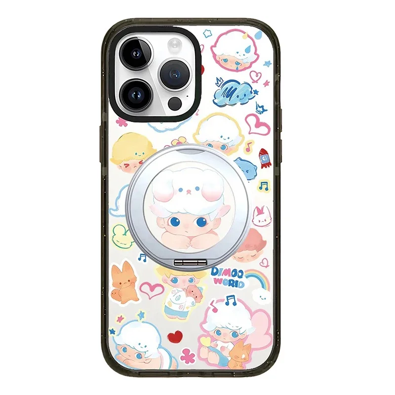귀여운 만화 구름 소년 회전 스탠드, 블랙 테두리 휴대폰 케이스 커버, 아이폰 14, 15, 16 프로 맥스 케이스