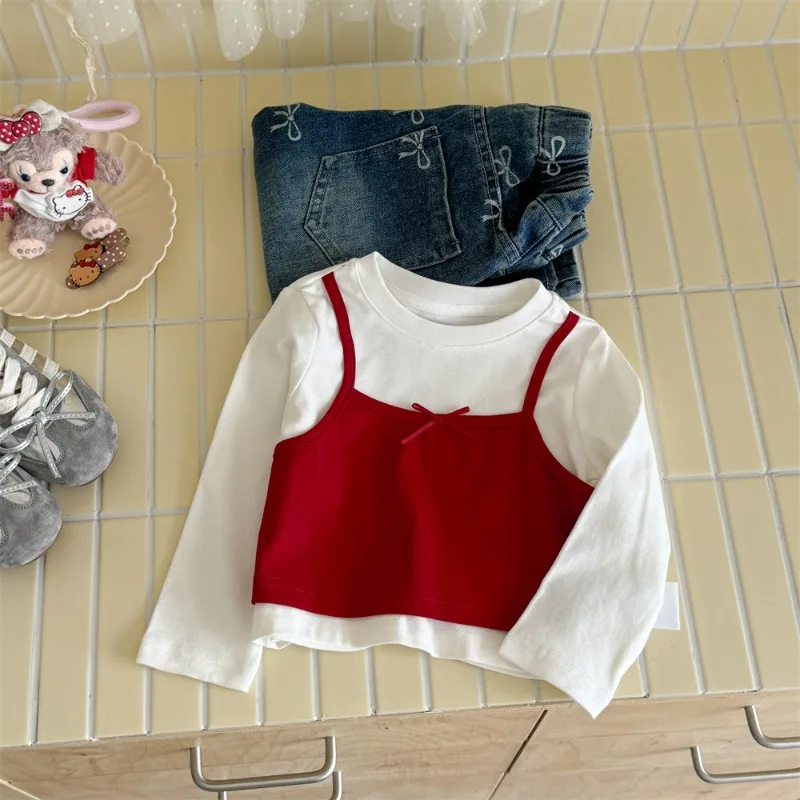 الفتيات قاعدة تي شيرت 2025 الخريف الطفل وهمية اثنين طويلة الأكمام تي شيرت البولكا نقطة النمط الغربي قمة لطيف اليومية عادية