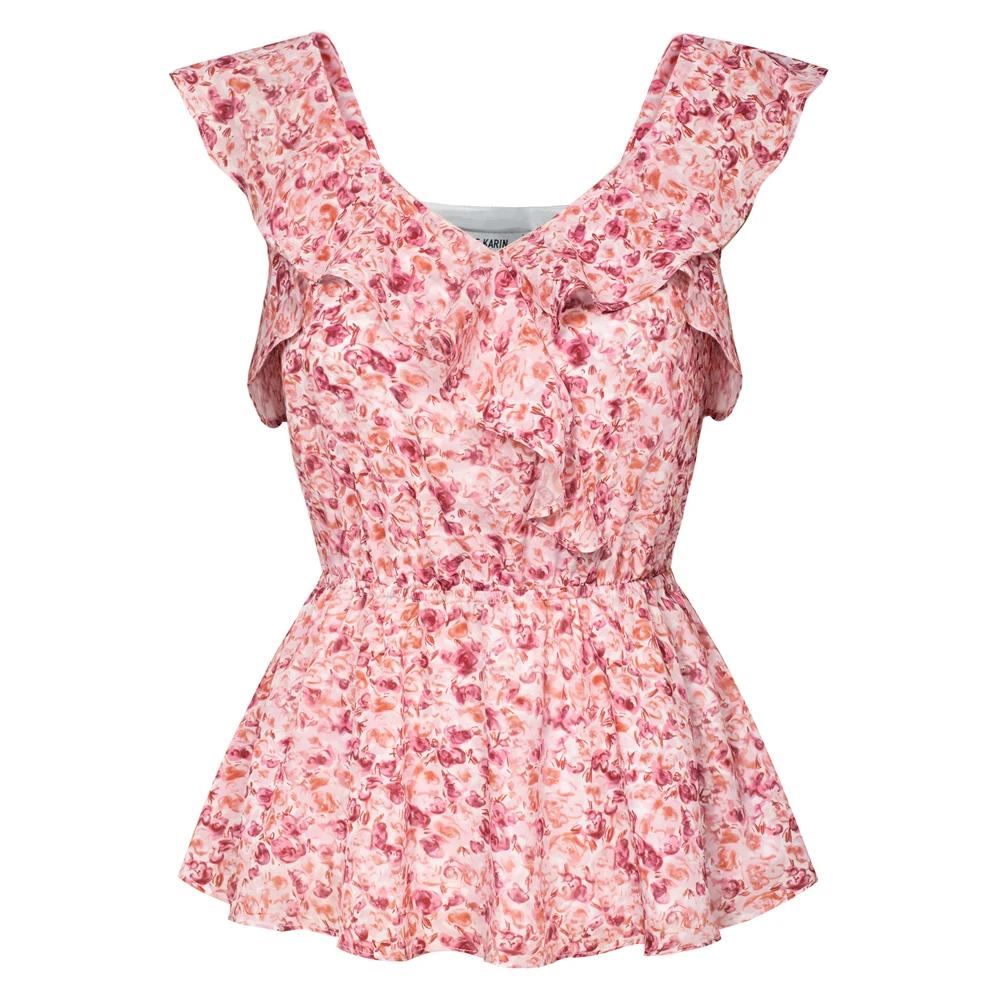 

GK Women Summer Crop Tops Elastic Waist Floral Printed Tops Sleeveless V-Neck Ruffle Decorated Slim Fit Peplum Hem Tops