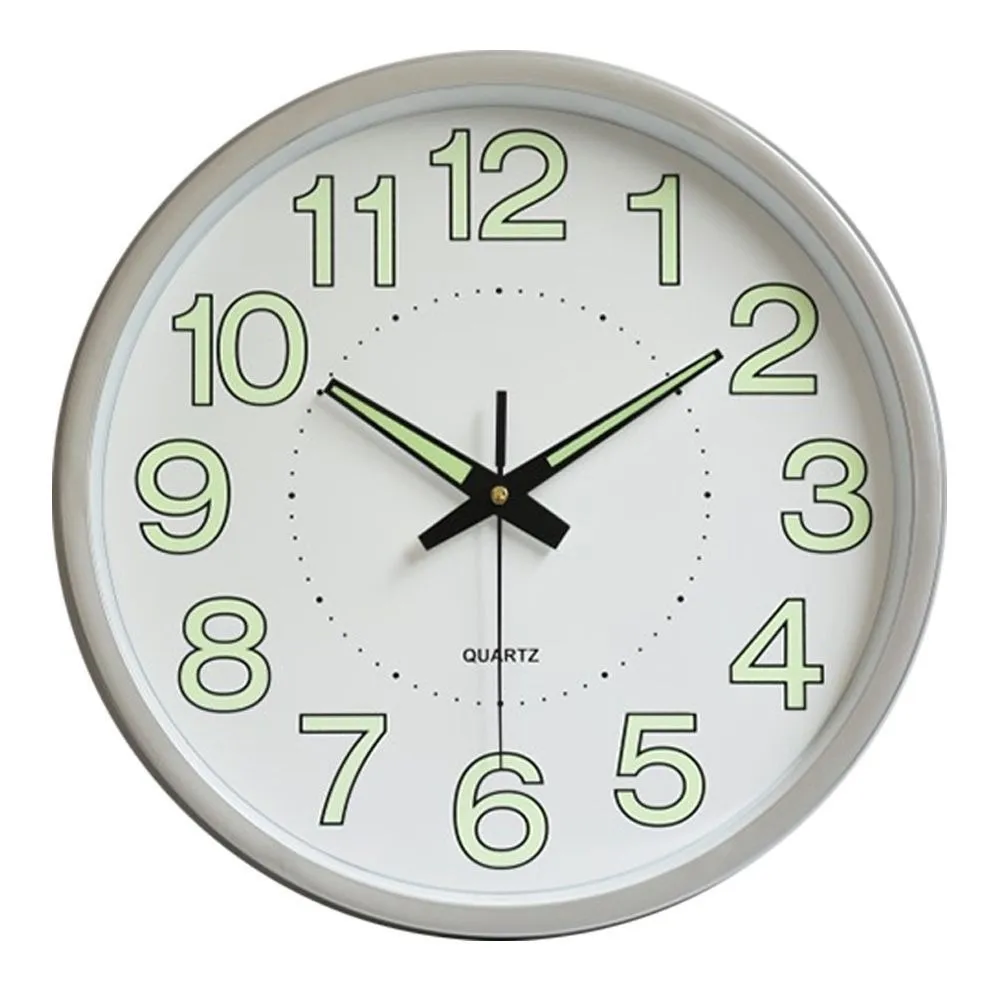 12 Inch Silent Quartz Clock 30cm Diameter White Frame Wall Mounted Clock Glow In Dark Plastic Frame Quiet Analog Clock Night Use
