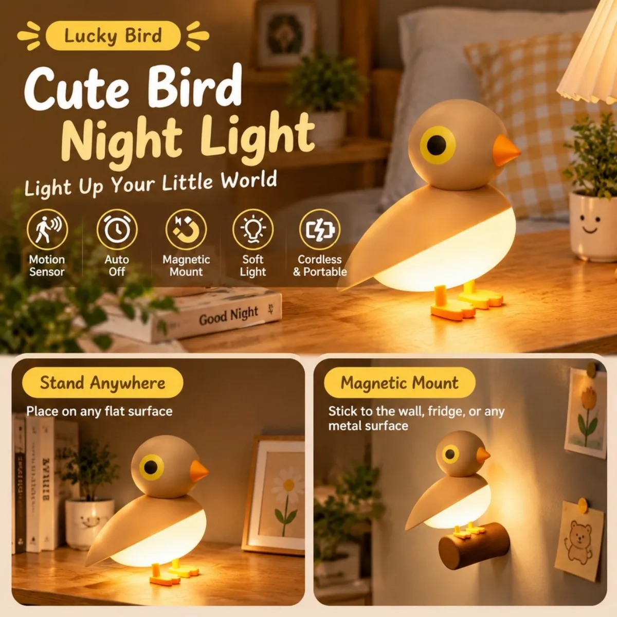 Lucky Bird Motion Sensor Night Light Magnetic Rechargeable LED Lamp, GIft，Wireless LED Ambient Lamp for Bedroom Hallway Stairs