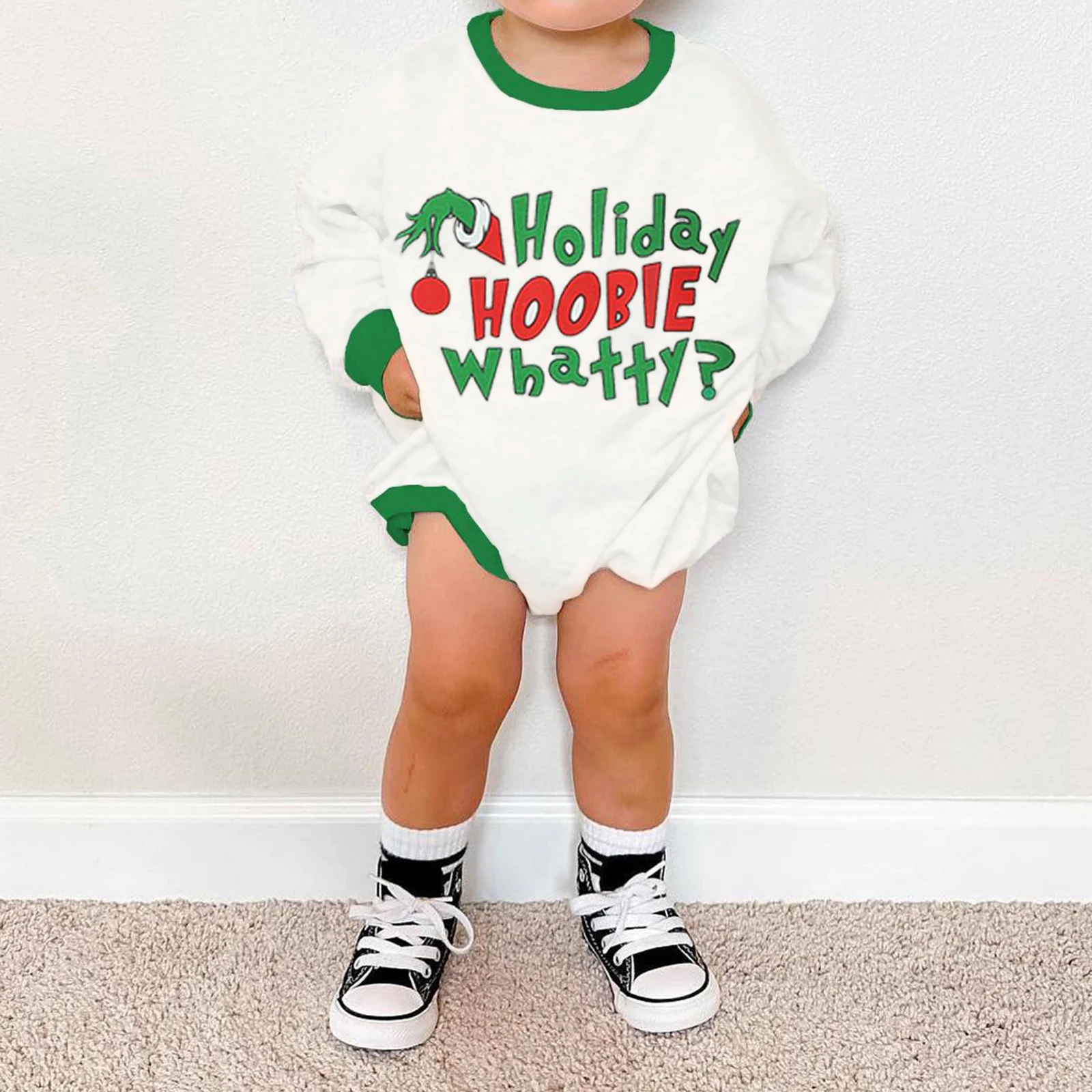 Baby Christmas Sweatshirt Romper Long Sleeve Crew Neck Letters Elf Hand Print Bodysuit Jumpsuit Winter Clothes for Girls Boys