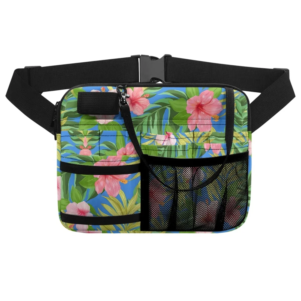 Hibiscus Tropical Hawaiian Jungle Palm Leaf Designer Waist Bag Portable Multifunctional Hospital Work Medical Pack Nurse Bum Bag