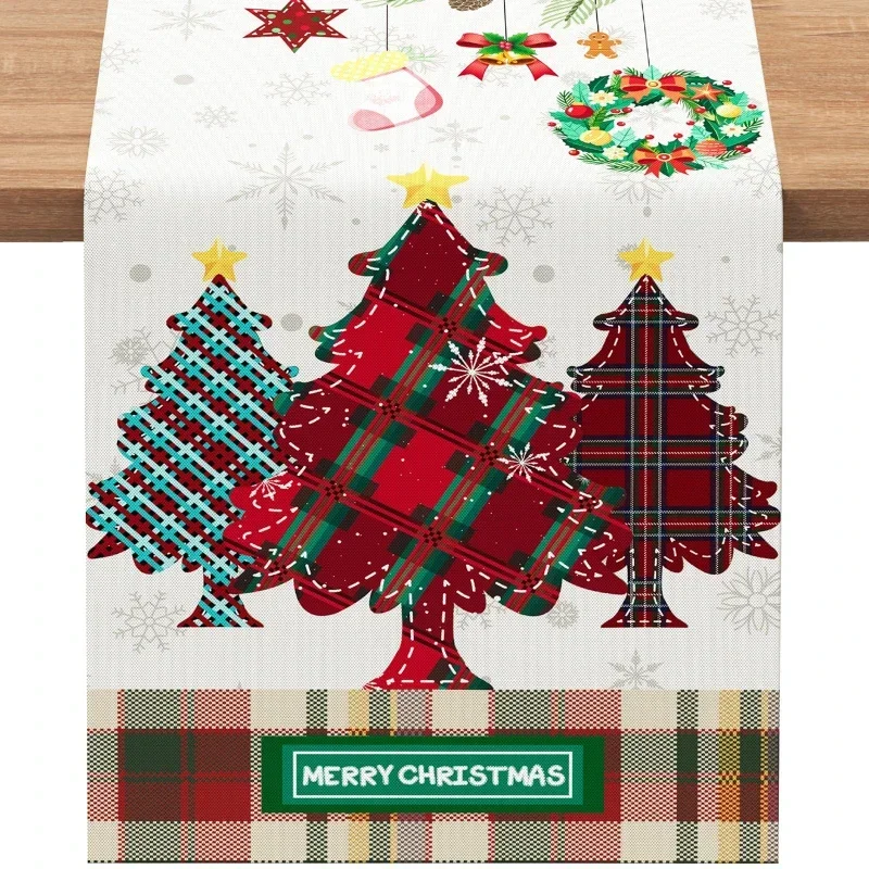 Coffee Table Runner Red Plaid Christmas Tree Patchwork Gingham Border Novelty Holiday Buffet Tablecloth