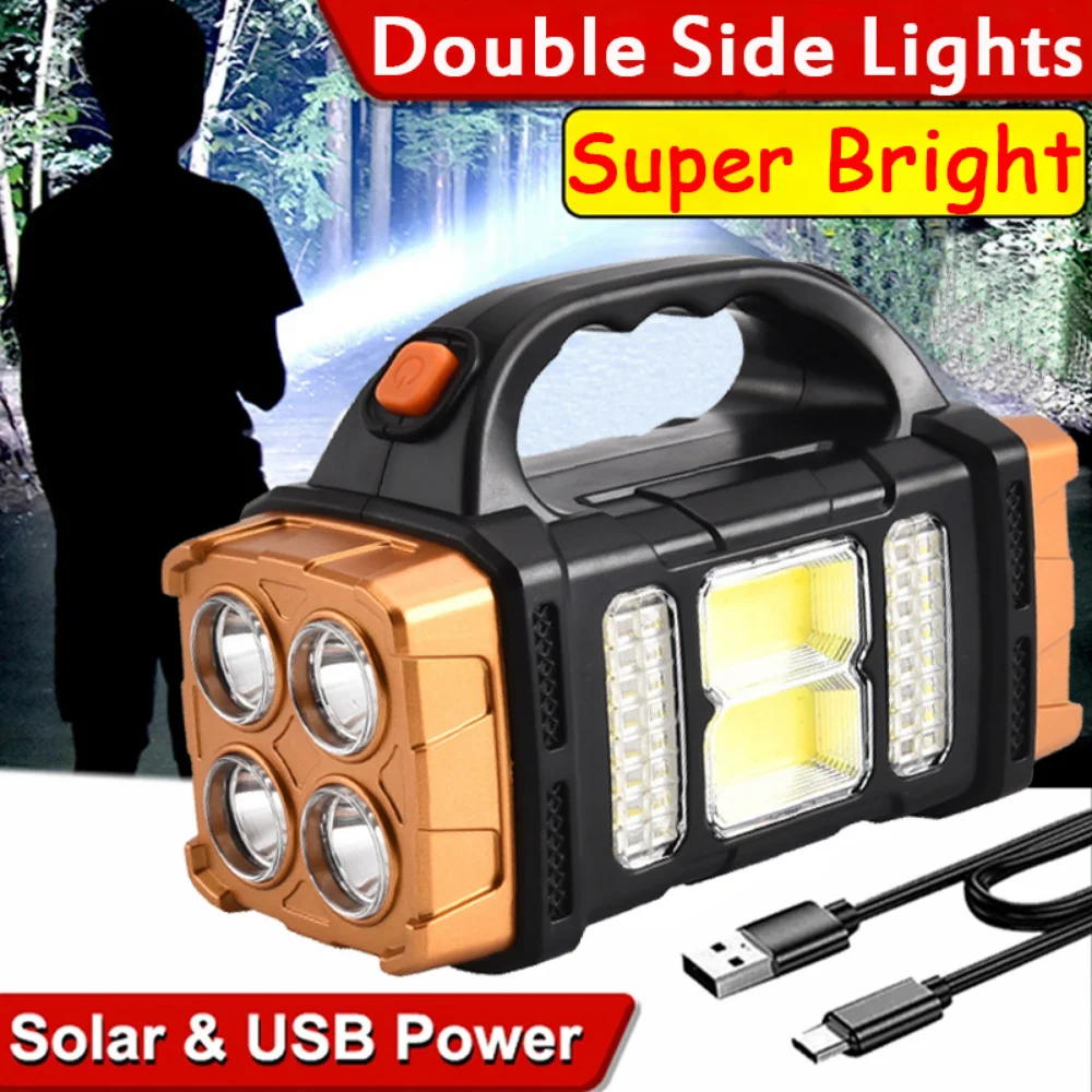 

NEW Portable Solar LED Flashlight With COB Work Lights USB Rechargeable Handheld 4 Lighting Modes Outdoor Solar Torch Light