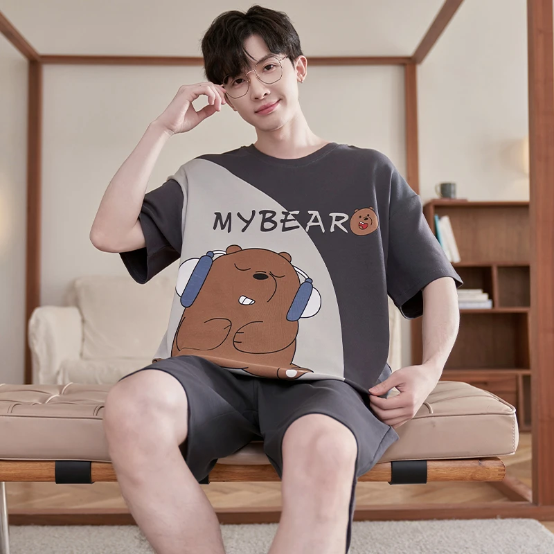 Summer Men's Pajama Sets Cotton Short-Sleeve Sleepwear Casual Man Pijamas Leisure Wear Korean Loose Bear Pattern Pyjama Femme