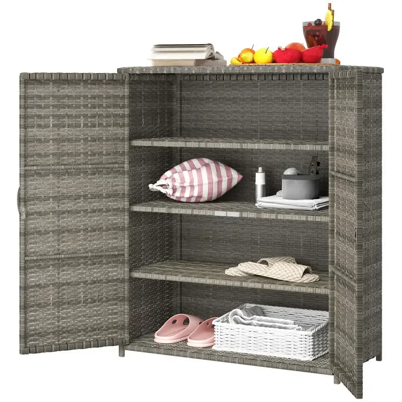 

Rattan Wicker Outdoor Storage Cabinet with 4 Shelves and 2 Doors for Garden Pool Towel Storage, Mixed Gray
