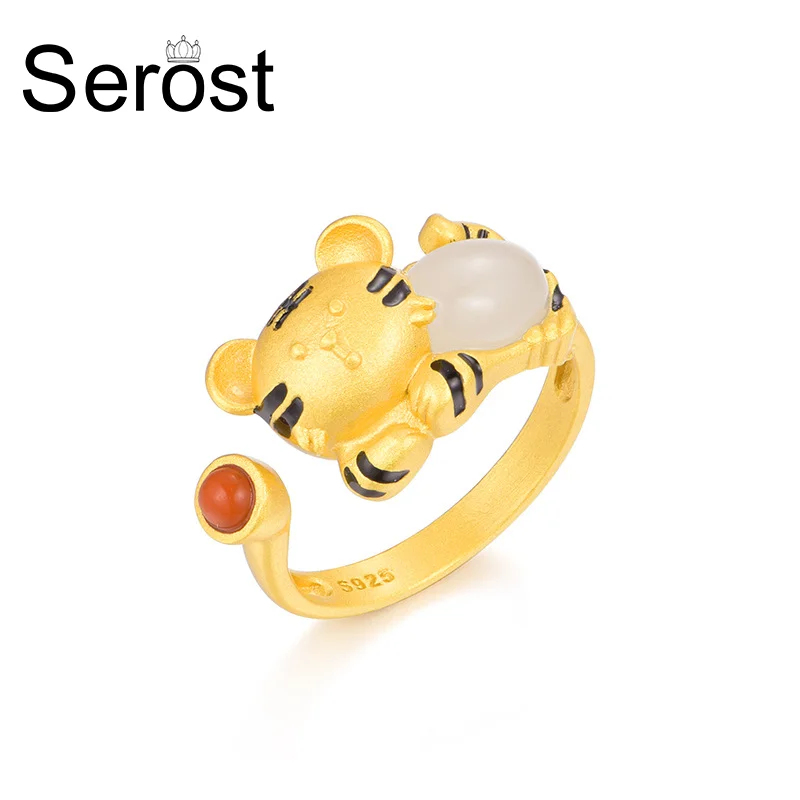 

SEROST S925 Hetian Jade Tiger Ring with Silver Setting