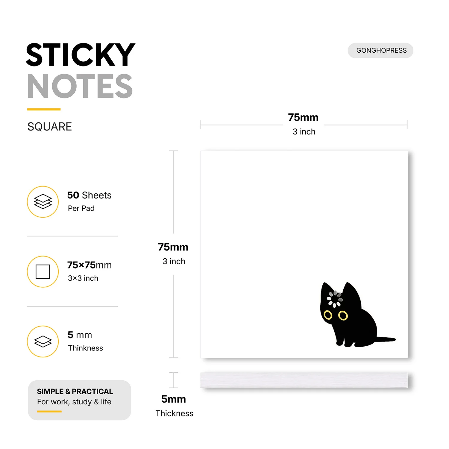 2pcs Cute Black Cat Sticky Notes, Kawaii Animal Self Stick Memo Pads, 100 Sheets Total, Minimal Aesthetic Cat Notepad view 2