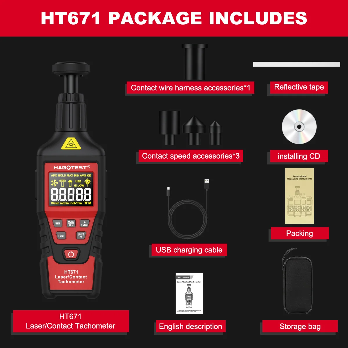 HABOTEST HT671 2-in-1 Kontakt- und Berührungsloser Laser-Tachometer (umschaltbarer Modus) 10-99999 Zählbereich Wiederaufladbarer Tachometer – Detail 17
