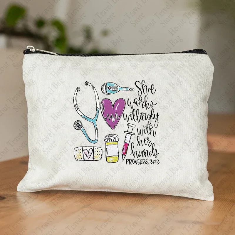 ممرضة هدية سستة حقيبة قماش قنب لطيف القهوة طباعة حقيبة مستحضرات تجميل المنظم المحمولة حقيبة مستحضرات التجميل خفيفة الوزن تخزين الحقيبة المنظم