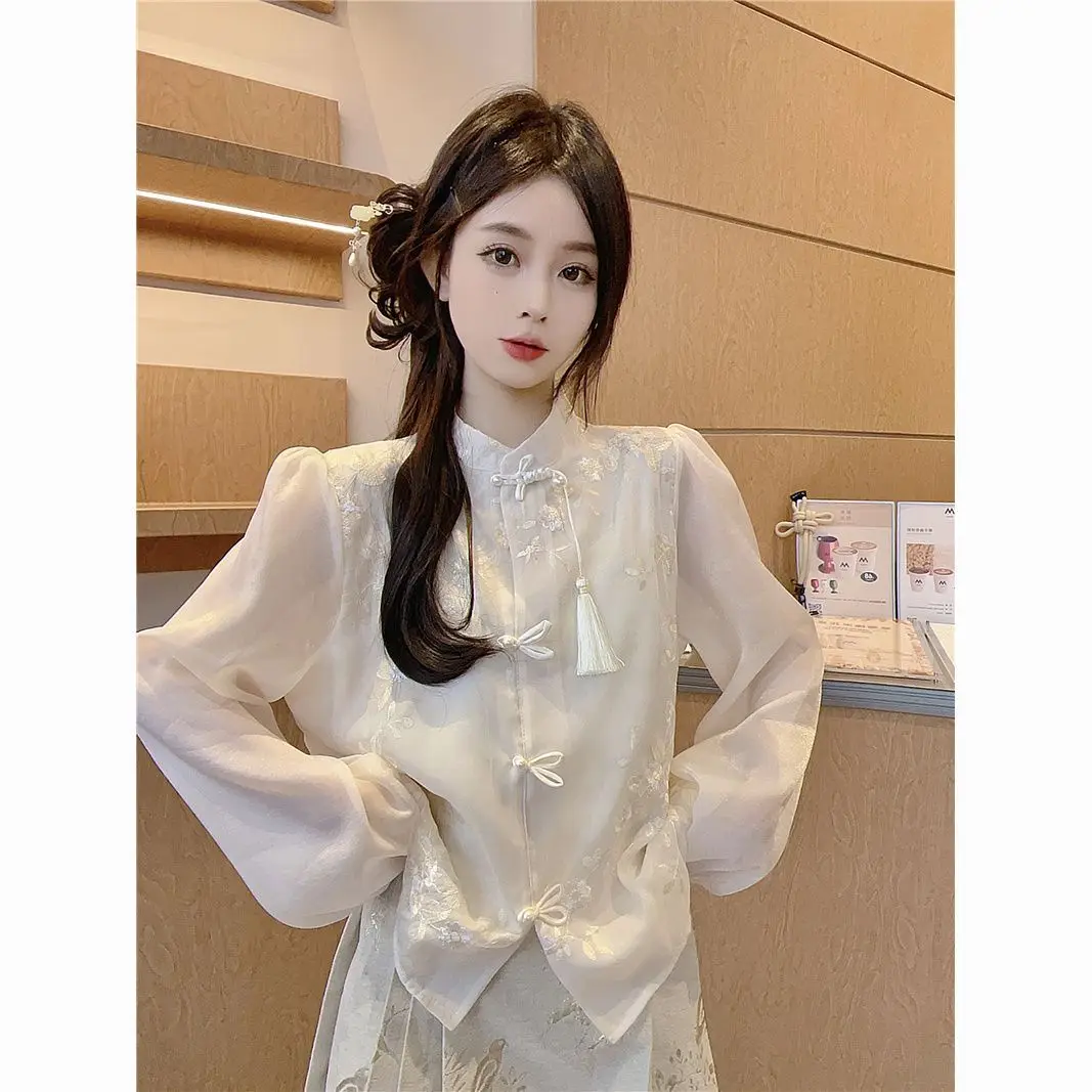 New Chinese Style Embroidered Long Sleeve Shirt Women's Modified Qipao Shirt Button up Loose Fit Retro National Style Top