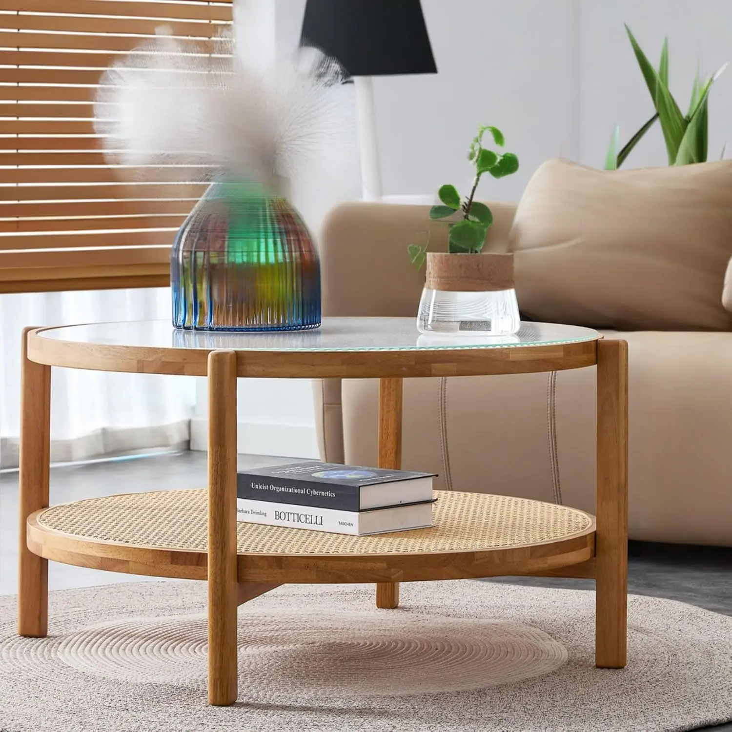 Round Coffee Table with Storage Modern Simple Circular Double-Layer Solid Wood Tea Table Rattan Woven, Natural Wood