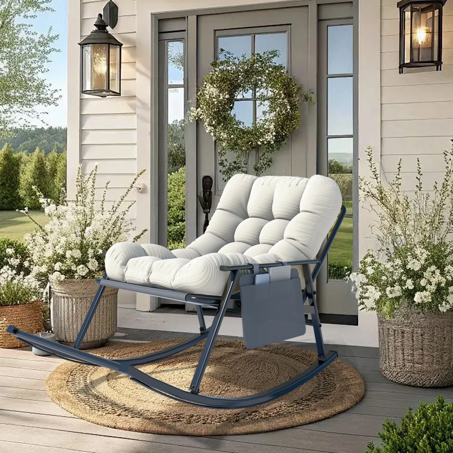 Thick Plush Cushion Rocking Chair with Low Armrest and Fixed Crossbar Footrest, Household Patio Furniture, Multi-scene Outdoor Furniture, Practical Outdoor Patio Furniture Set