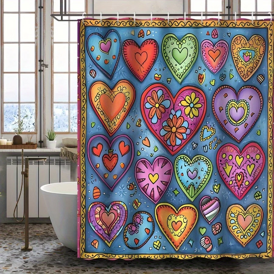 

One Piece Bohemian Heart Pattern Abstract Cartoon Colorful Heart Print Shower Curtain | Polyester Bathroom Decoration | Machine