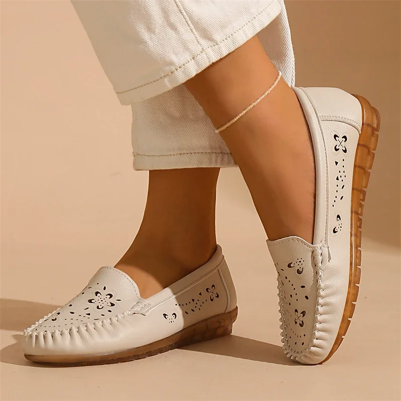 

Summer Leather Casual Shoes For Women Flat Shoes Comfy Breathable Hollow Out Women's Loafers Fashion Design Slip-on Shoes Woman
