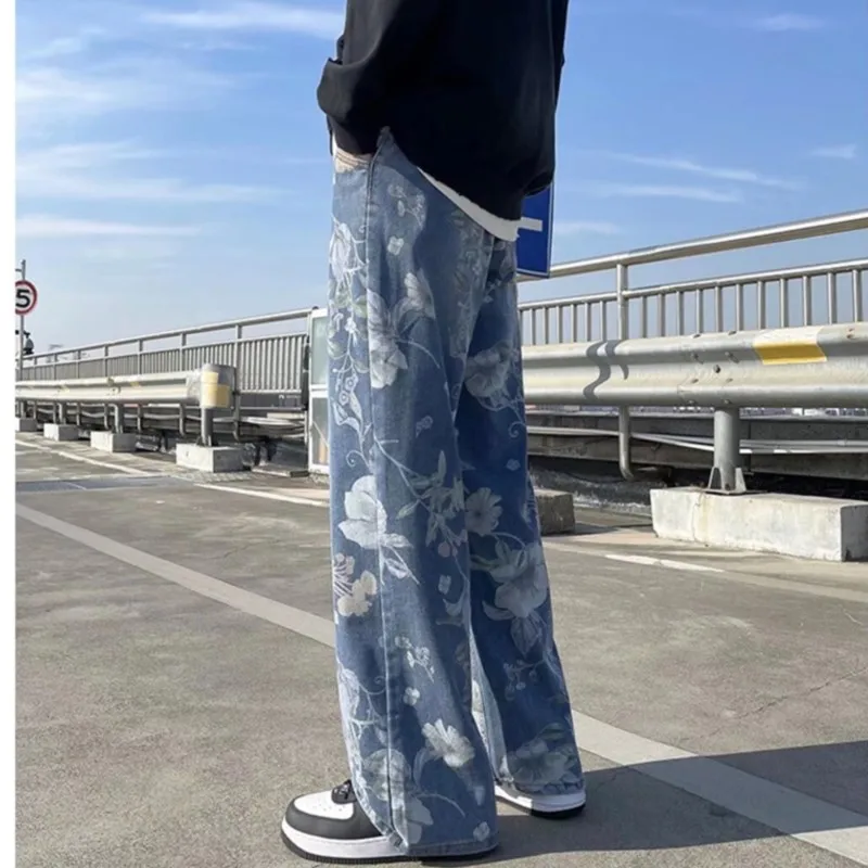 Printed Jeans 2024 Spring Korean Style Mens New Floral Denim Pant High Street Loose Straight Couples Trousers baggy hosen herren