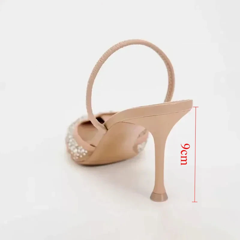 2025 Summer Women Pointed Toe High Heels Sandals Sexy Mesh Shiny Rhinestones Elegant Party Wedding Slingback Ladies Shoes