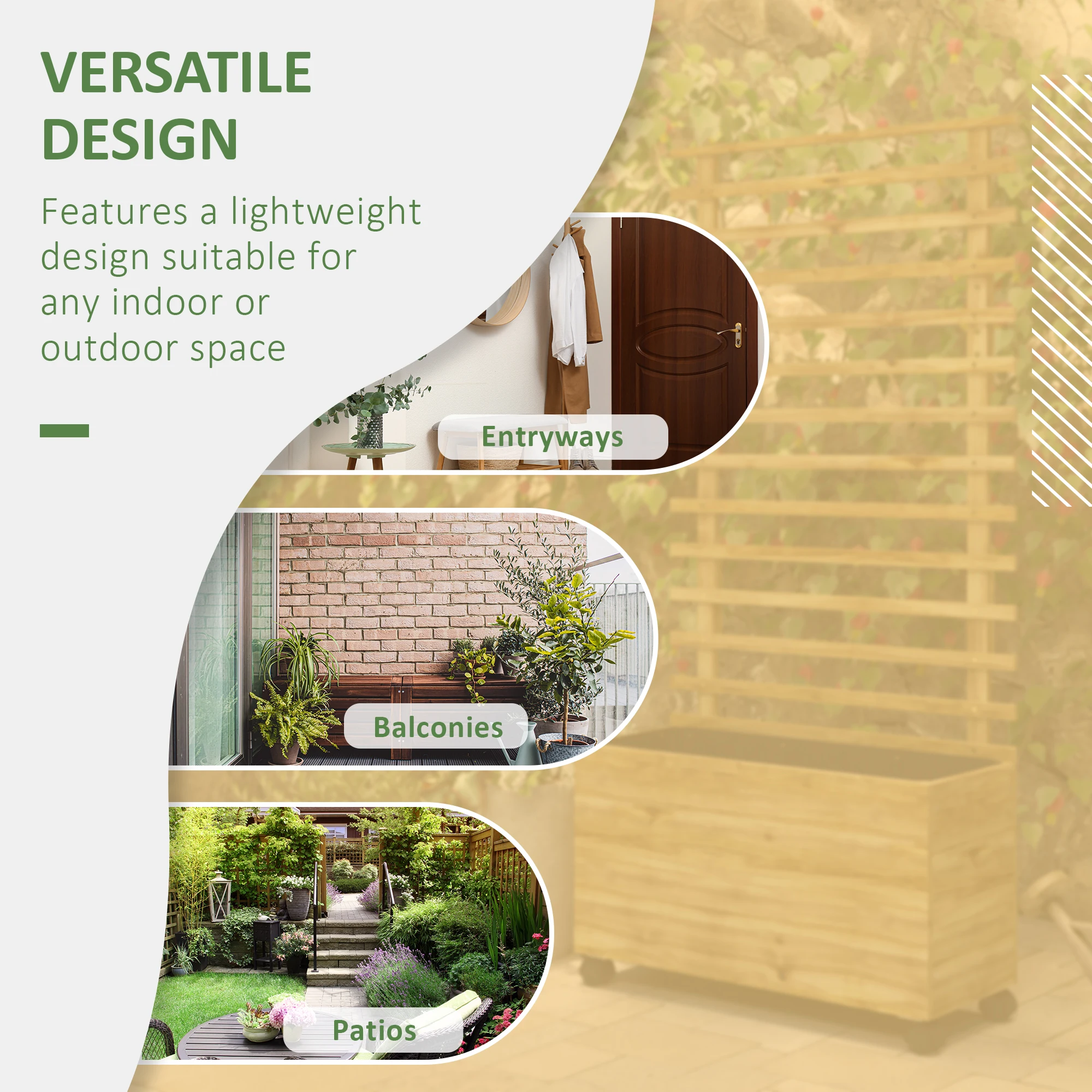Garden Wooden Planter Box with Trellis Flower Raised Bed W/ Wheels, Natural