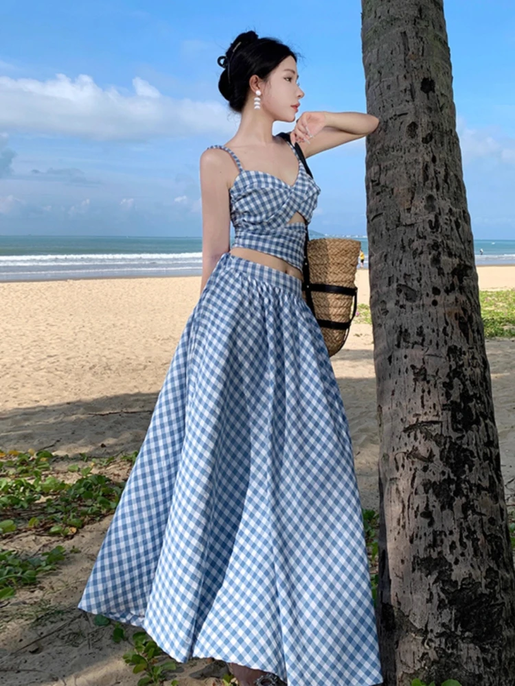 Plaid 2 Piece Sets For Women Sexy Hollow Out Cropped Tank Top + High Waist Pleated A-line Skirts Korean All Match Summer Suit