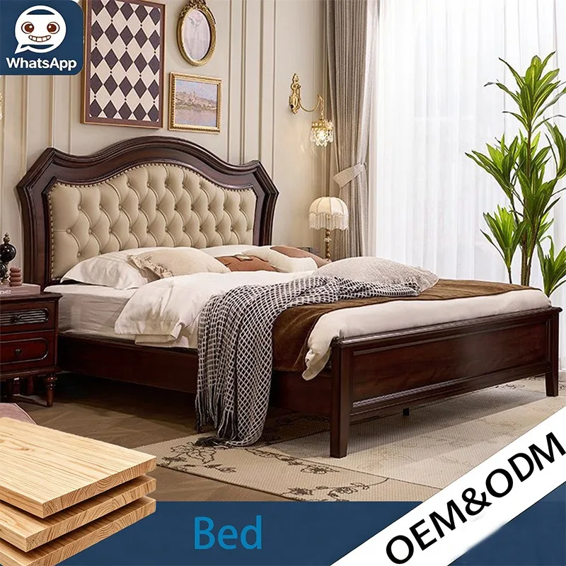 Mid-Century American Vintage Solid Wood Bed, Genuine Leather European Minimalist Large Double Bed for Home Bedroom
