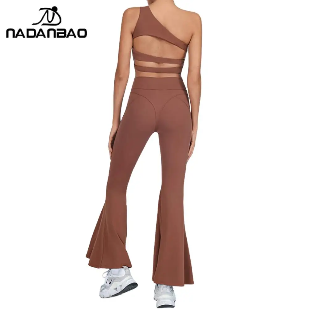 Nadanbao Simple Solid Color Yoga Set for Women Sexy One-Shoulder Bra Vest High Waist Naked Flared Pants Sports Fitness Trousers