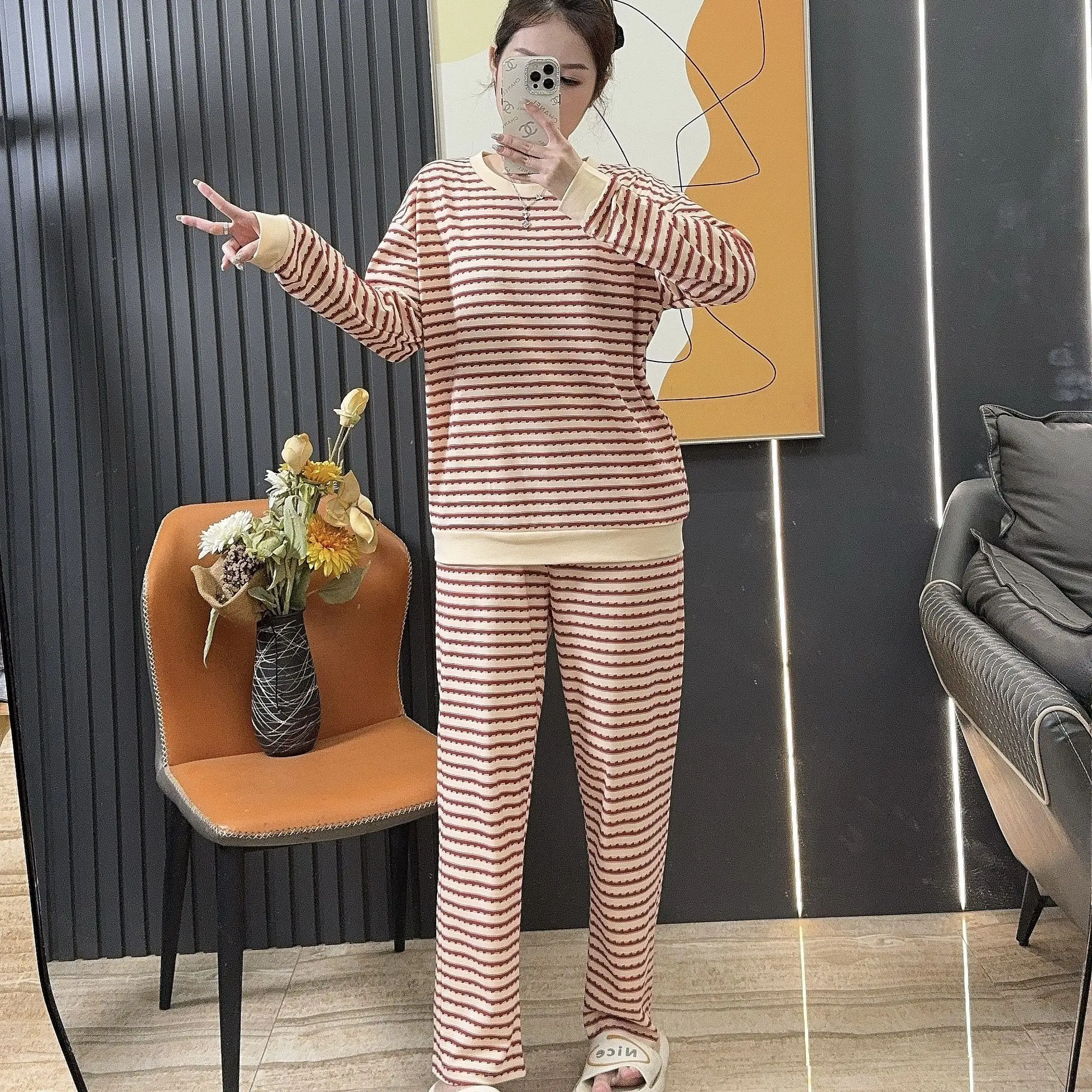 

Женский домашний костюм в полоску: пижама с длинными рукавами и брюками для весны и осени, удобная одежда для отдыха и сна