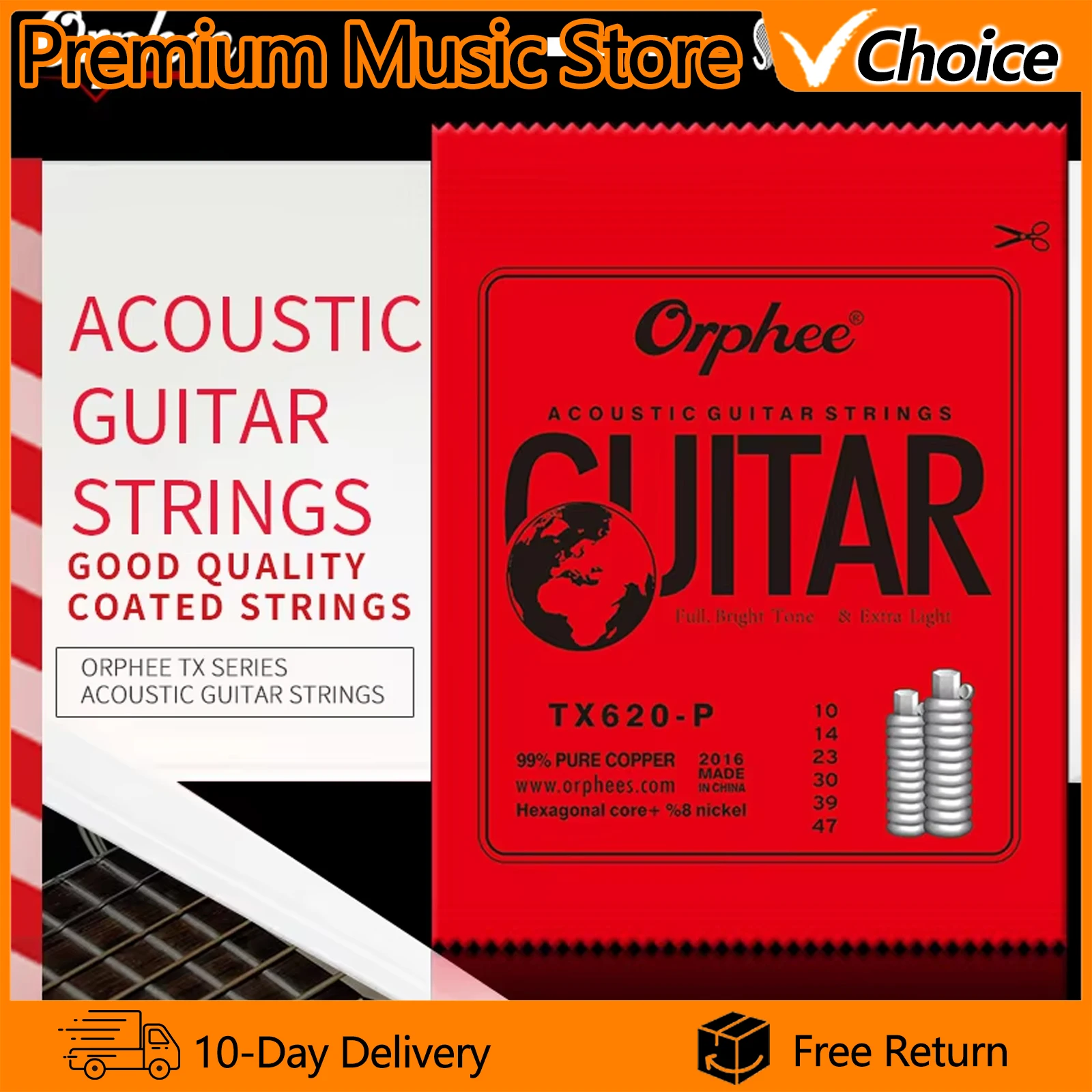 Cuerdas para Guitarra Acústica Orphee TX620-P, Núcleo Hexagonal de Acero al Carbono Medio, Entorchado de Cobre Rojo, Accesorios y Repuestos para Guitarra