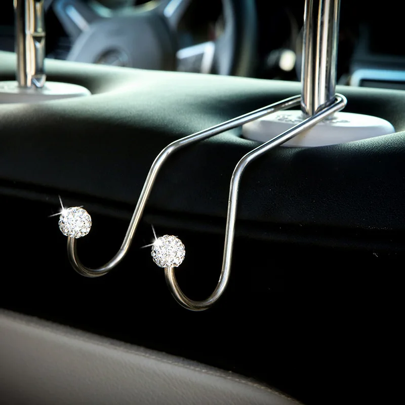 2pcs Ca Back Seat Stainless Steel Hooks with Rhinestone Decor Car Interior Hidden Headrest Hanger Handbag Storage Hanger Hook