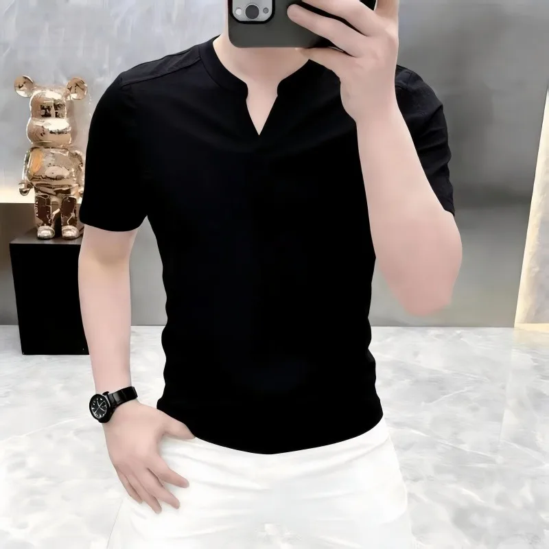 Summer Men's Simple V-neck Short Sleeved T-shirt Trendy Breathable Solid Color T-shirts Casual Business Social Base Shirt M-4XL