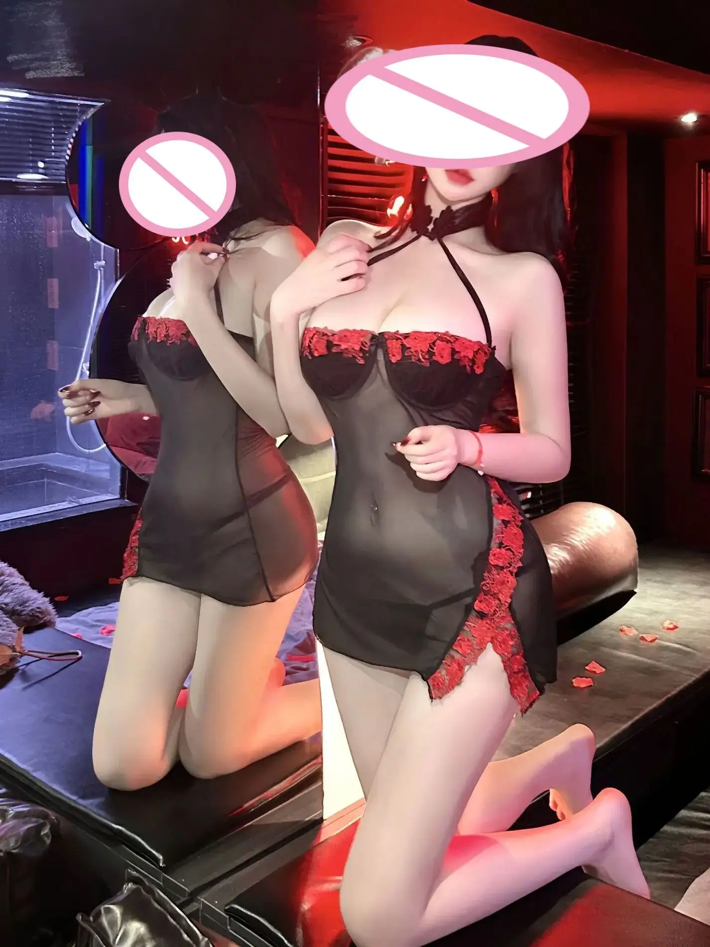 فستان نوم مثير بشريط أزرق للنساء من الدانتيل الأسود للصيف فستان مثير شفاف أنيق معلق برقبة نمط لف الأرداف ضيق 5G5S