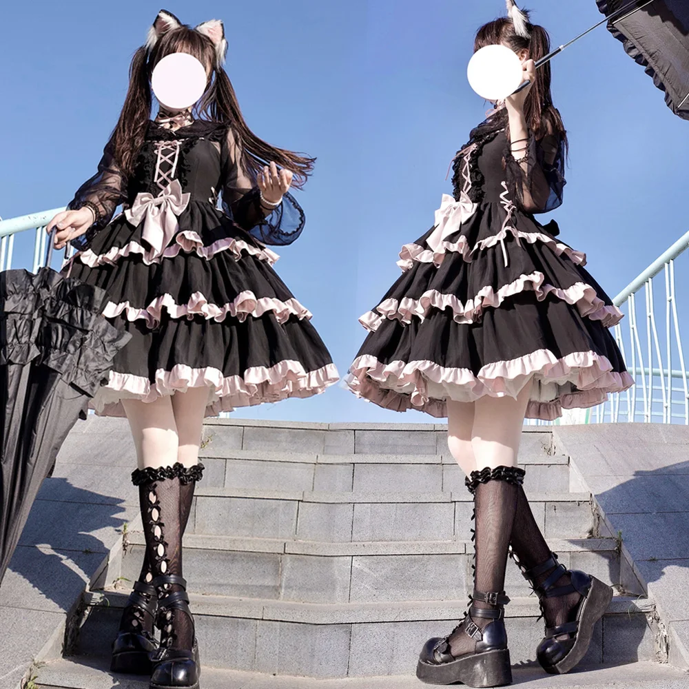 Original Goth lolita Dress Hottie Song Dress jsk three-section Black Pink Lolita Girl Sweet cute Princess dress