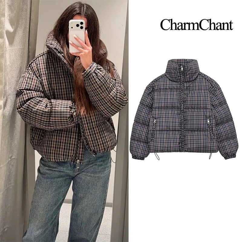 

CharmChant Stand-Collar Plaid Puffer Jacket for Women Winter 2025 Padding Coat Female New in Coats Warm Check Outerwears Parkas