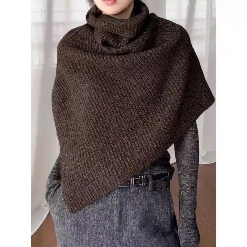 Split knitted scarf for women dark gray versatile shawl neck cover autumn and winter layering external warm cover headband scarf