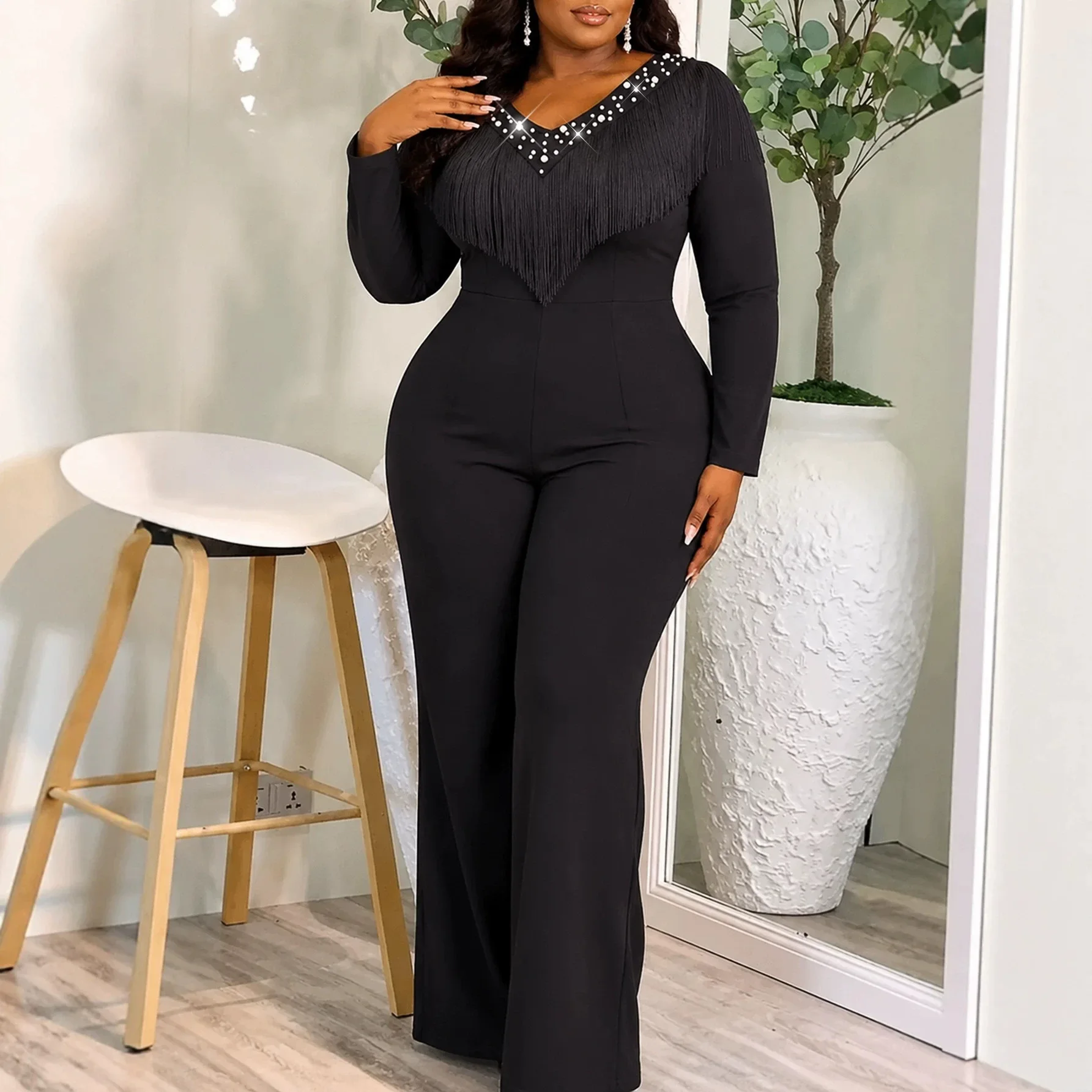 Africa Clothing Black Long-sleeved Tassel Jumpsuit With V-neck Beaded Details Slim Fit Party Style Slimming Jumpsuit