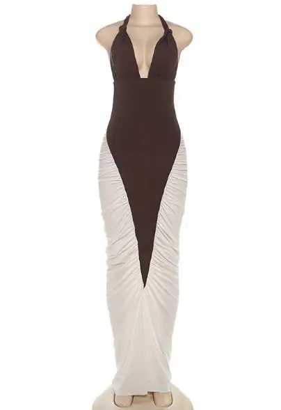 

Womens Dresses 2026 Spring Autumn New Fashion Color Contrast Splicing Hanging Neck Sexy Backless Ruched High Waist Bag Hip Dress