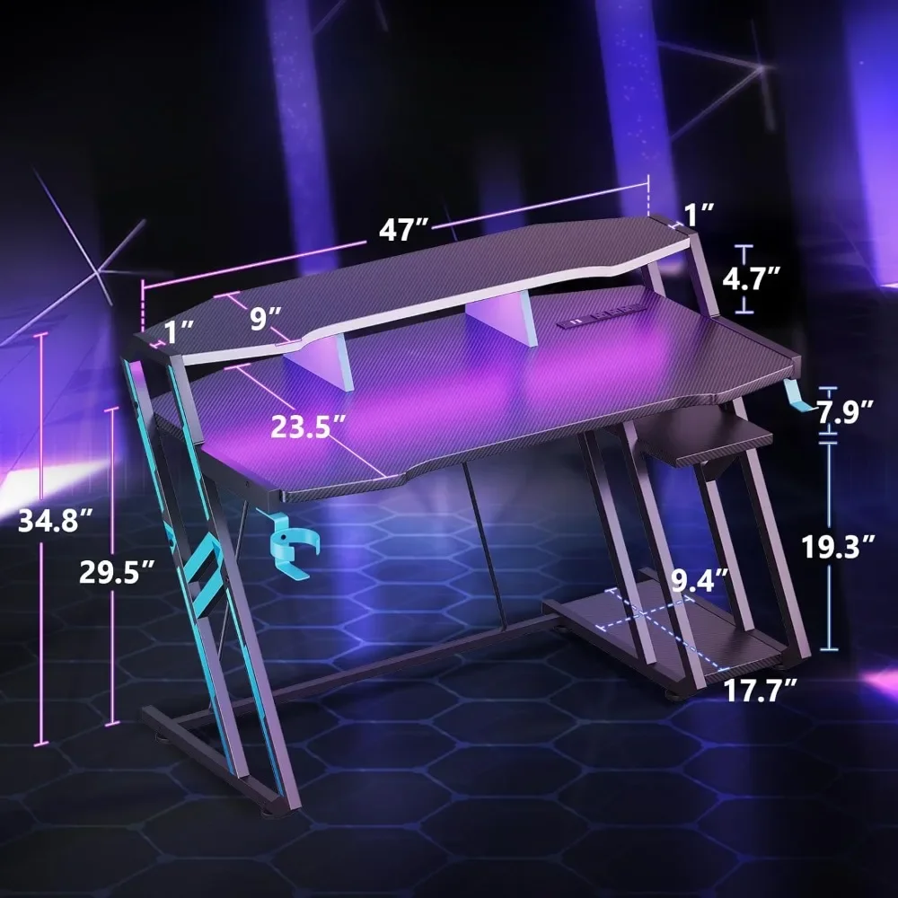 Gaming Desk with Power Outlet & LED Lights with PC Storage Shelf, with Carbon Fiber Texture, 47inch Gaming Computer Desk